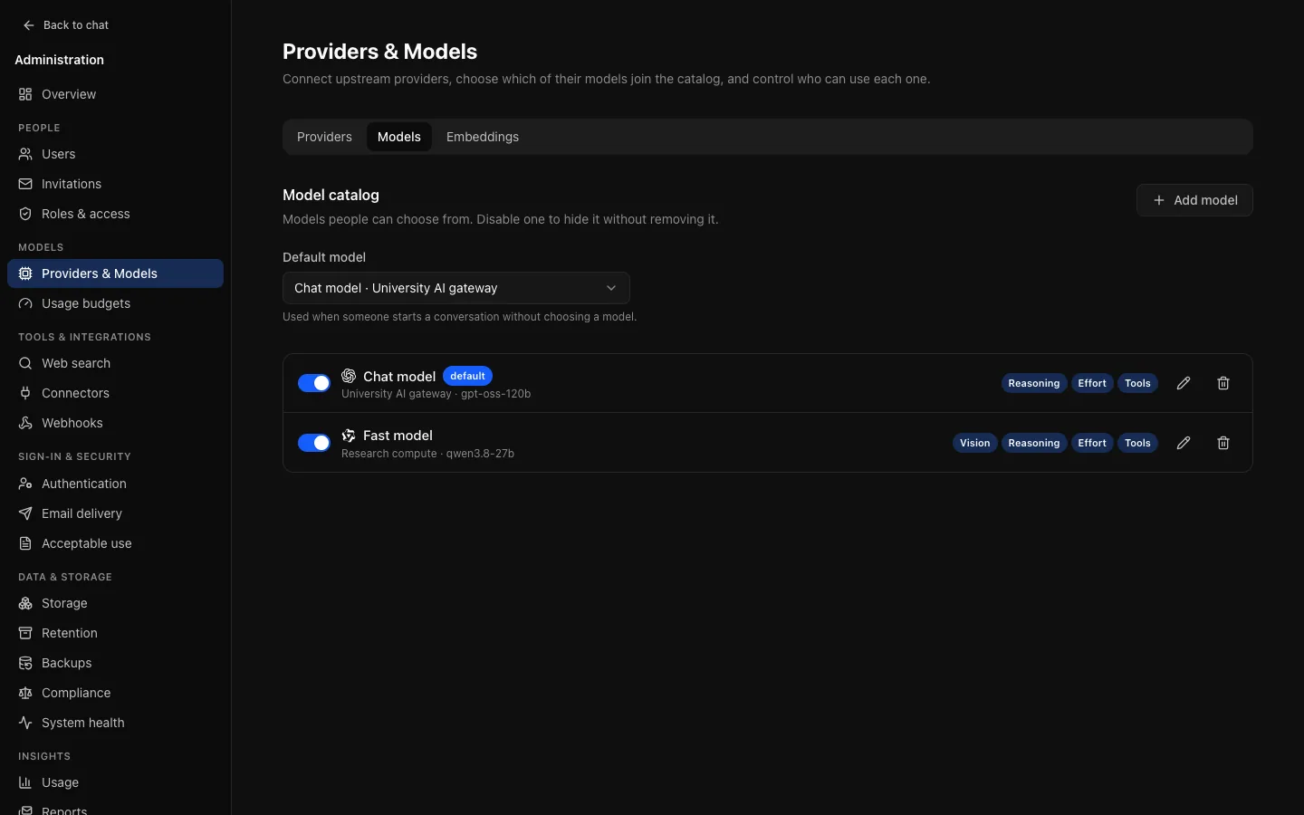 Providers & Models, Models tab: "Chat model" chosen as the default model, and the model catalog with Chat model and Fast model, each with its provider, upstream model, capability tags and an enabled switch.
