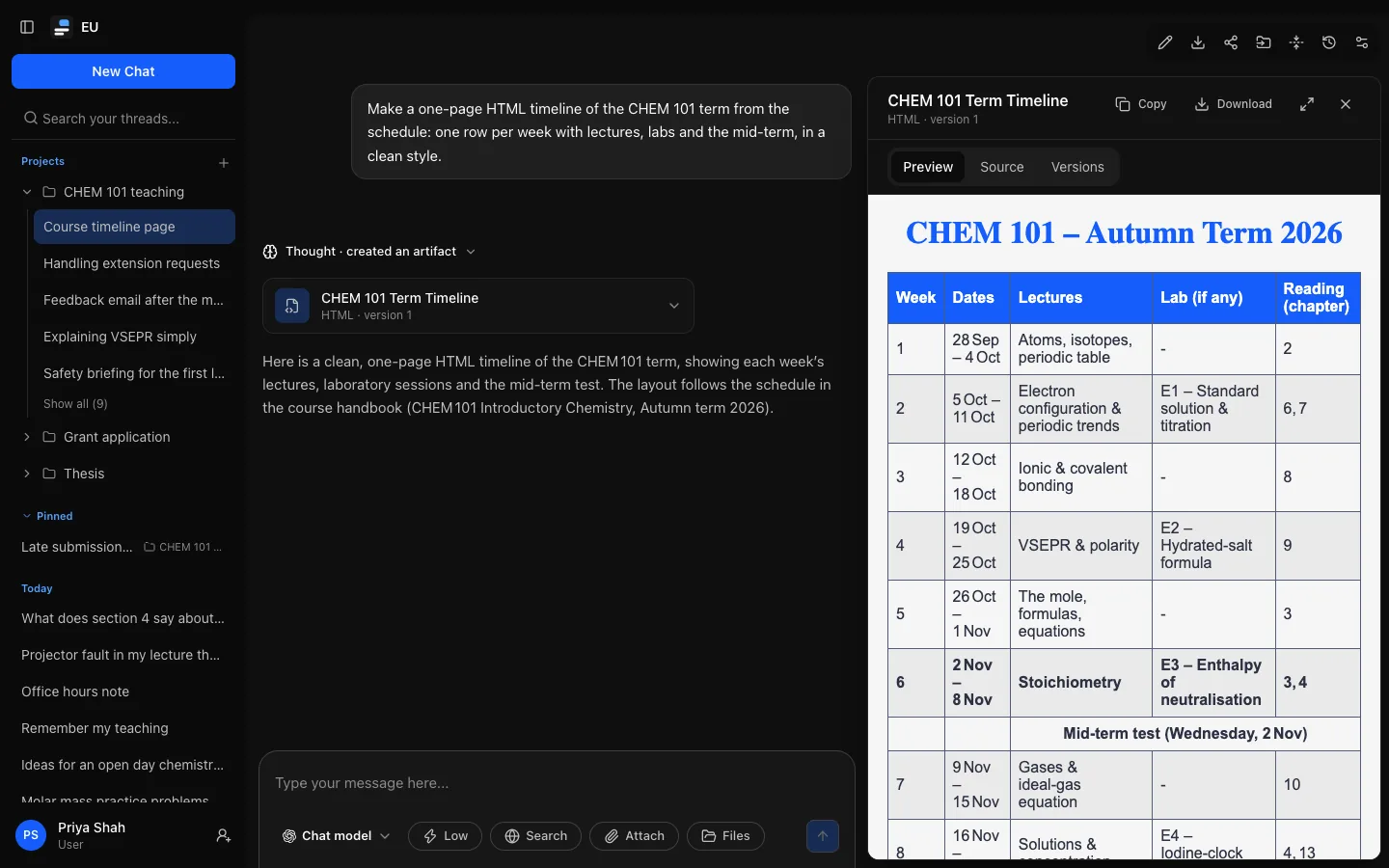A reply that created an HTML artifact, its work block folded to "Thought · created an artifact" above the artifact's card, with the artifact docked beside the conversation: the panel header with its title and version, Copy, Download, full screen and Close, Preview, Source and Versions, and the rendered course timeline.