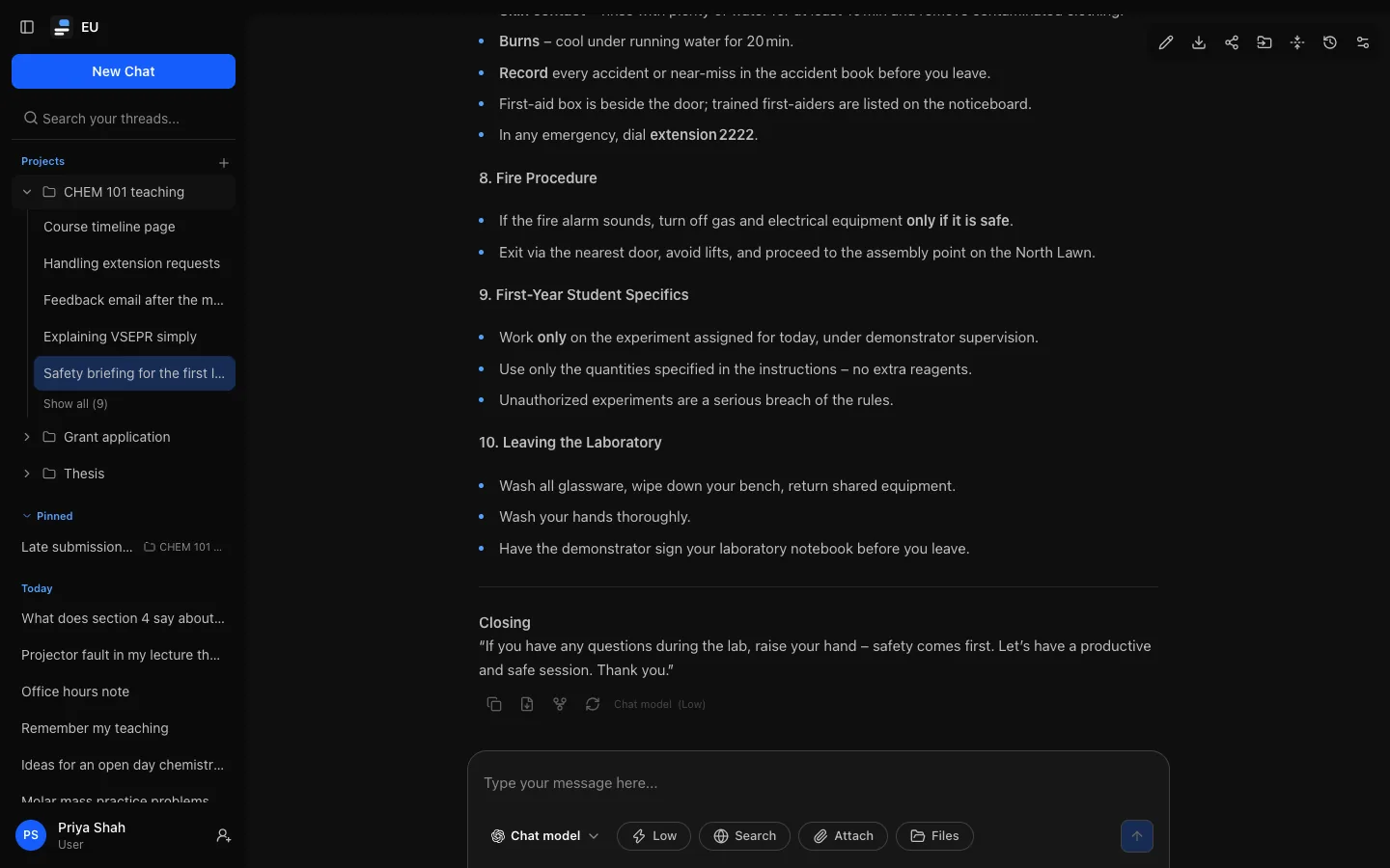 The sidebar with a Projects heading: one project expanded to its five most recent conversations and "Show all", two collapsed projects, then the Pinned and Today lists, beside an open conversation.