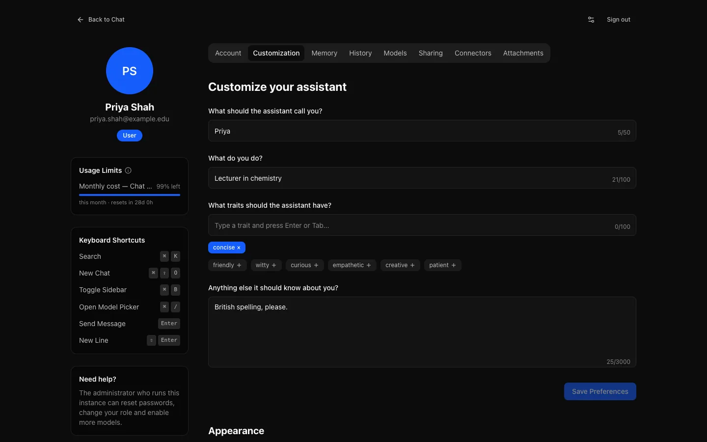 Settings, Customization: fields for what the assistant should call you and what you do, the chosen trait "concise", and a box for anything else it should know, beside a profile card, a Usage Limits card and the keyboard shortcuts.